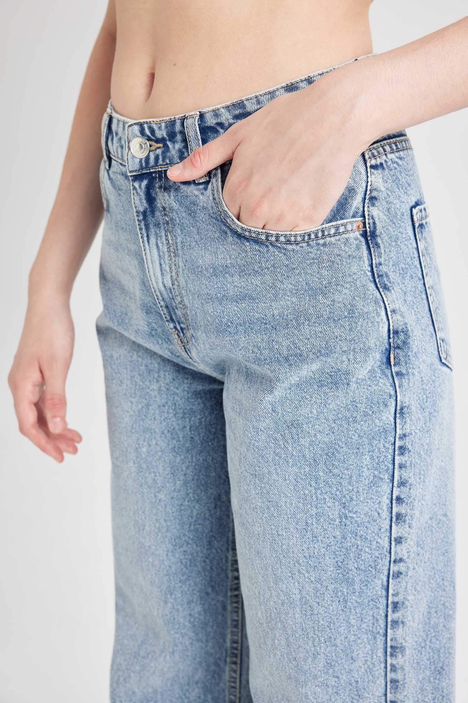 Straight Wide Yüksek Bel Düz Paça Uzun Jean Yıkamalı Pantolon