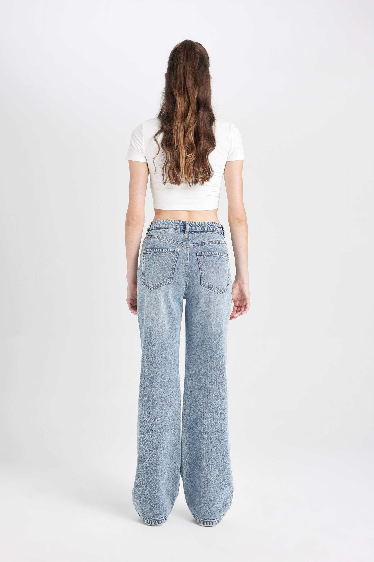 Straight Wide Yüksek Bel Düz Paça Uzun Jean Yıkamalı Pantolon