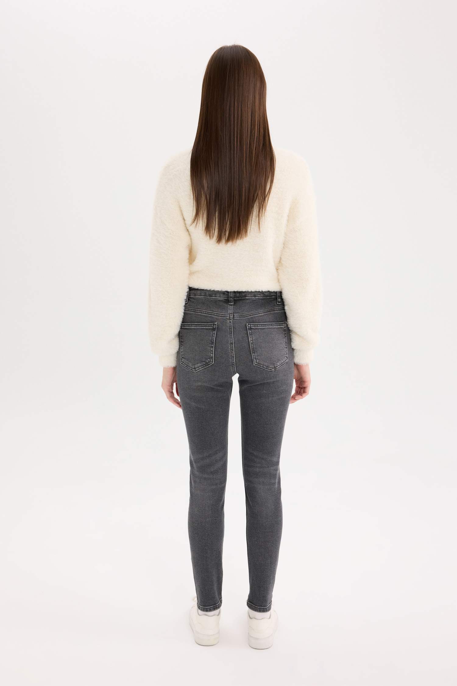 Skinny Fit Yüksek Bel Düz Paça Uzun Jean Görünümlü Yıkamalı Pantolon