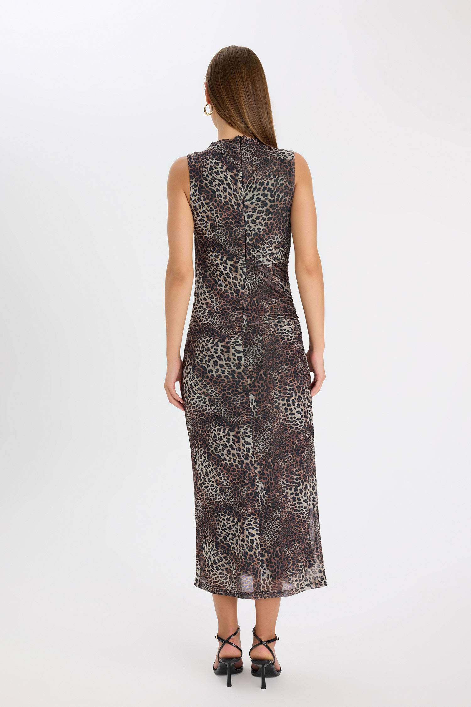 Bodycon Crew Neck Leopard Tulle Sleeveless Maxi Dress