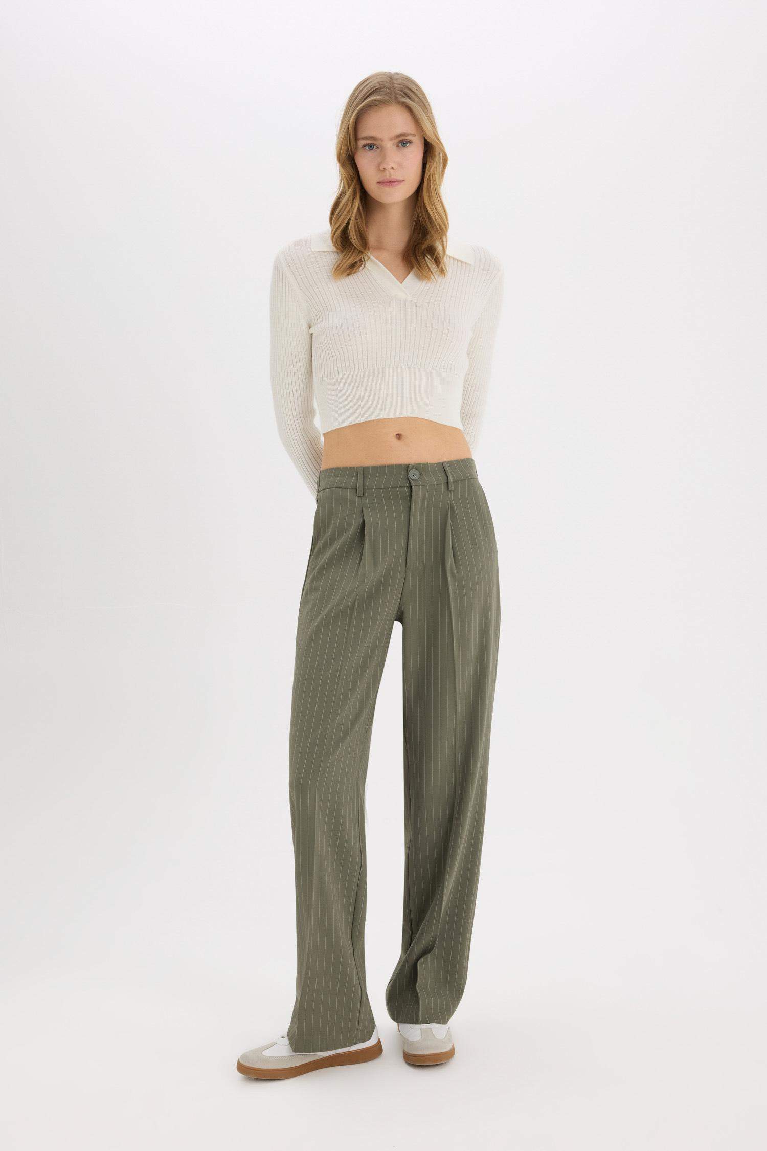Darted Regular Waist Wide Leg Classic Fabric Trousers