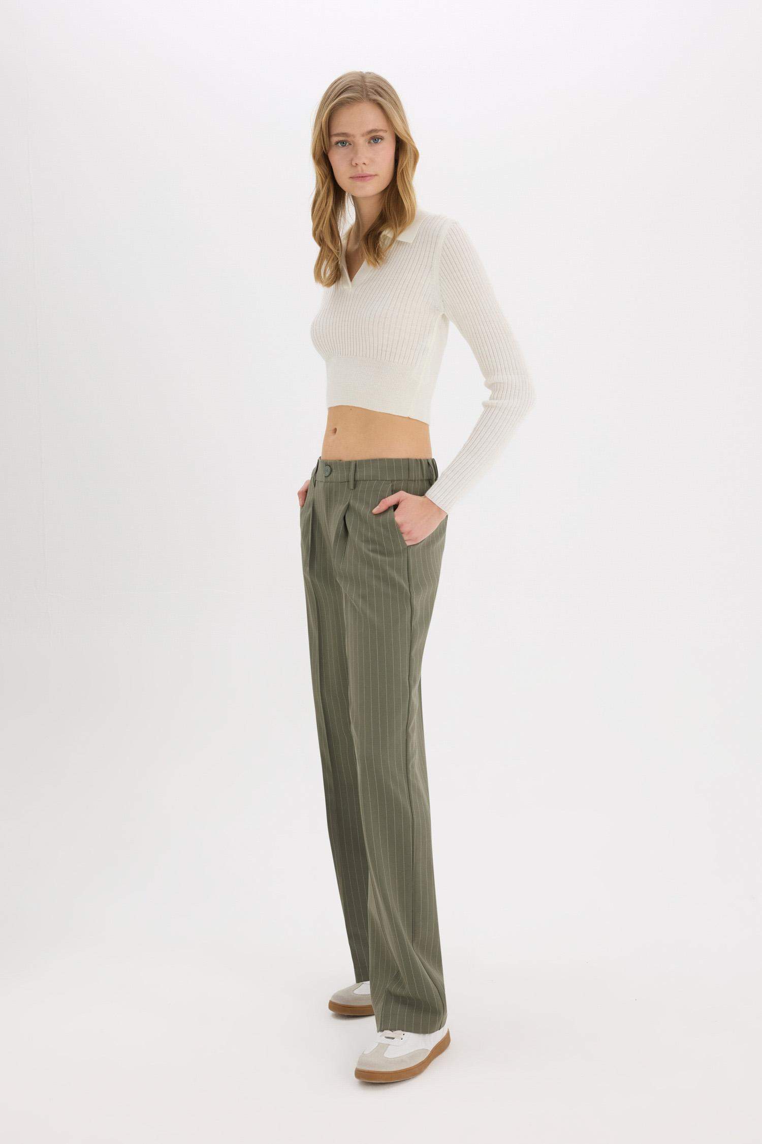 Darted Regular Waist Wide Leg Classic Fabric Trousers