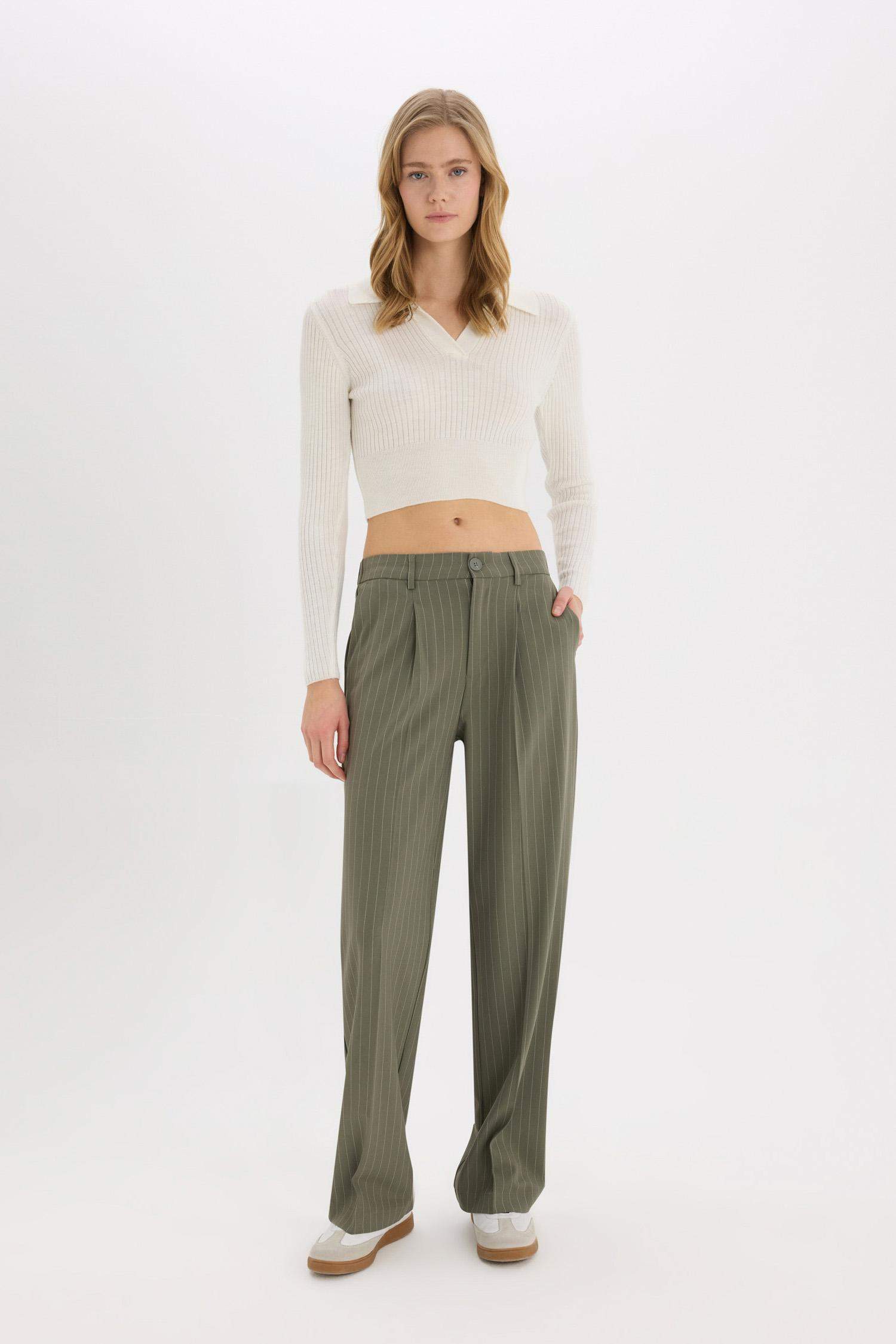 Darted Regular Waist Wide Leg Classic Fabric Trousers