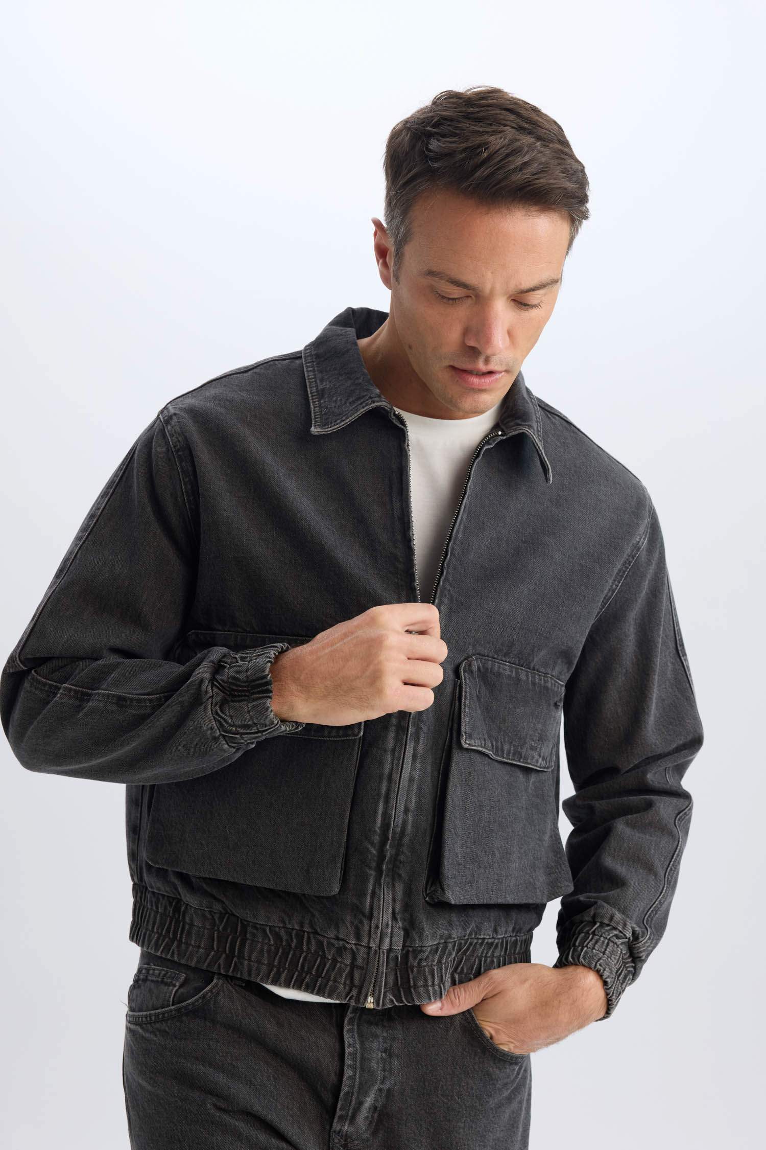 Relax Fit Polo Collar Zippered Pocket Washed Denim Jacket