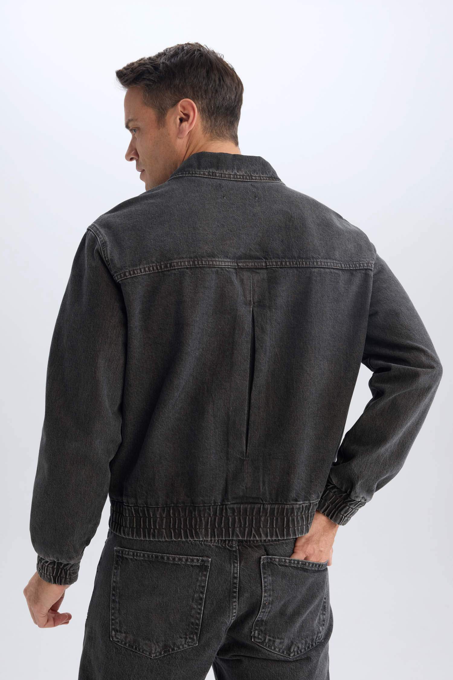 Relax Fit Polo Collar Zippered Pocket Washed Denim Jacket