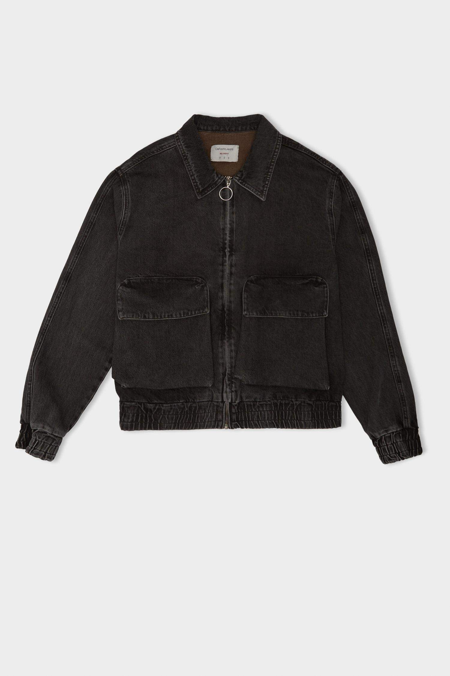 Relax Fit Polo Collar Zippered Pocket Washed Denim Jacket