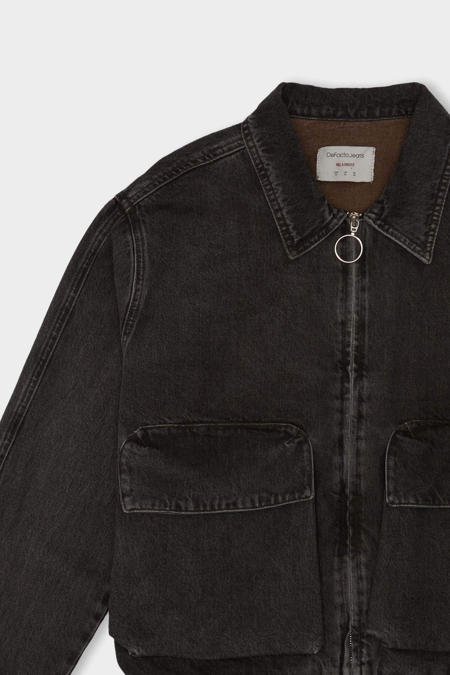 Relax Fit Polo Collar Zippered Pocket Washed Denim Jacket