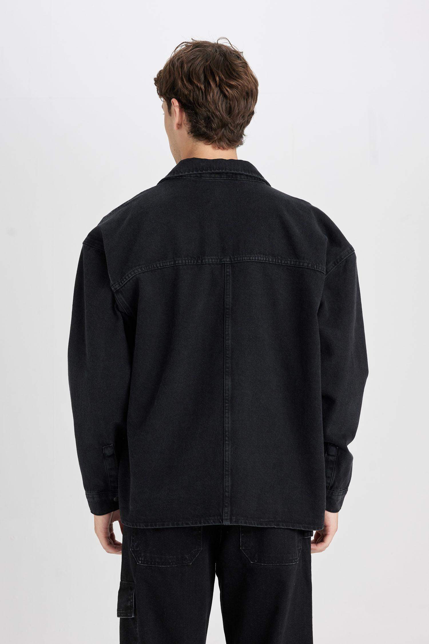 قميص قطن اسود بيزك اوفر سايز كم طويل