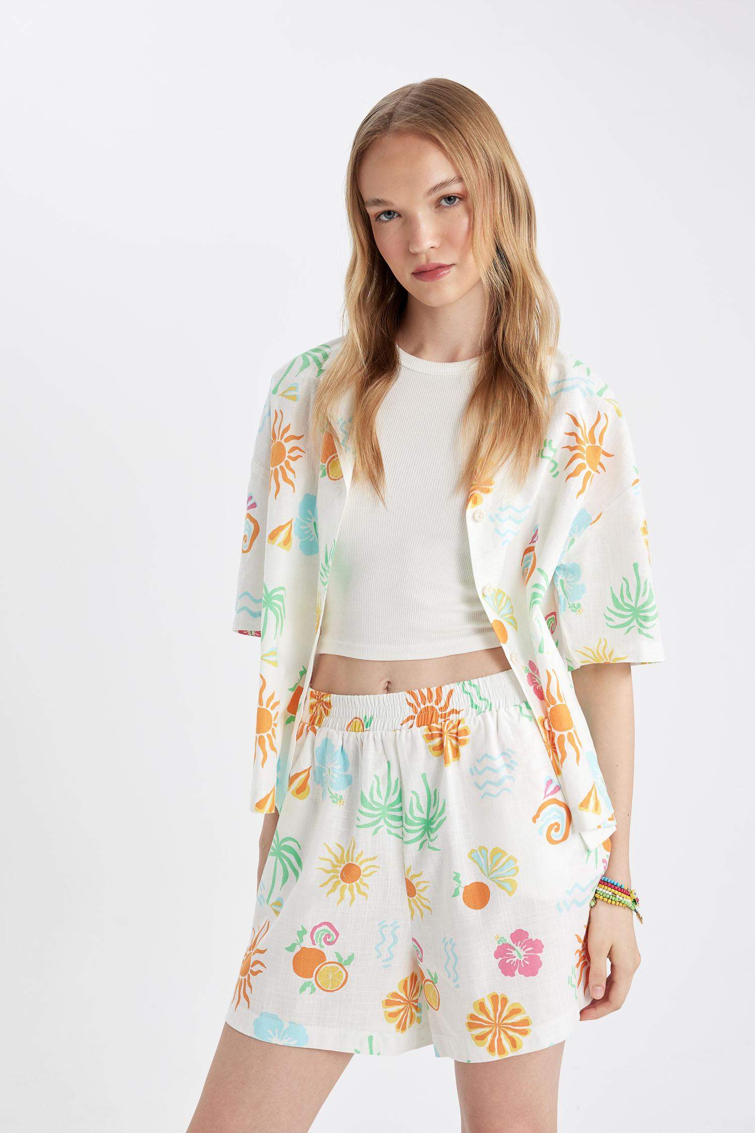 Oversize Fit Patterned Pajama Collar Short Sleeve Shirt