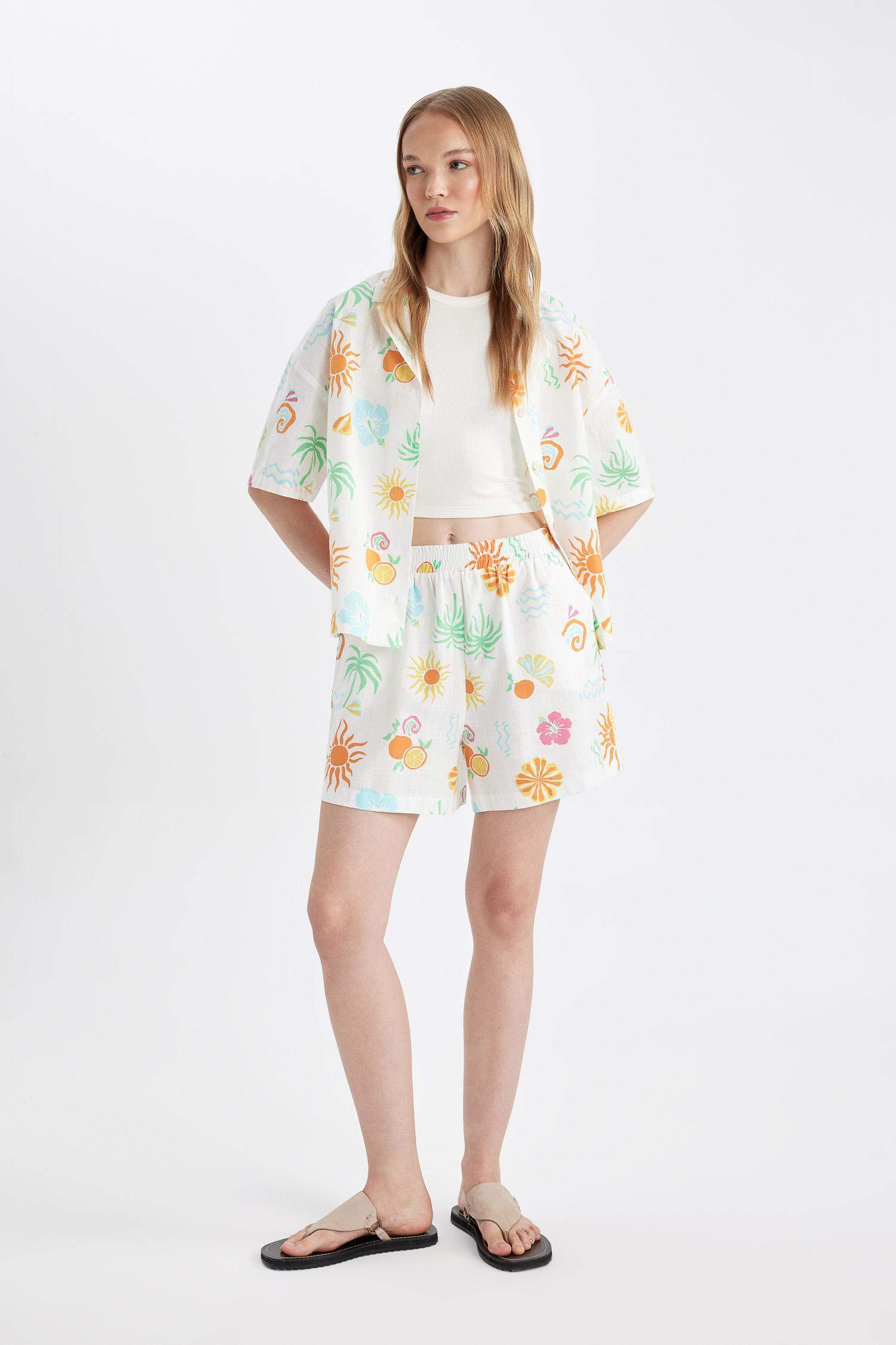 Oversize Fit Patterned Pajama Collar Short Sleeve Shirt