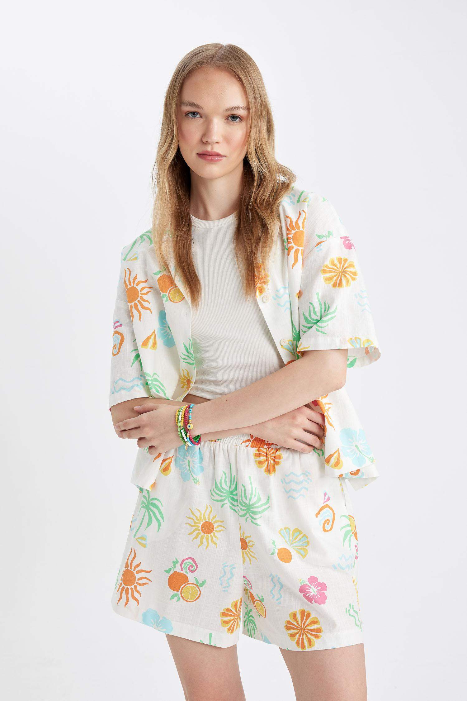 Oversize Fit Patterned Pajama Collar Short Sleeve Shirt