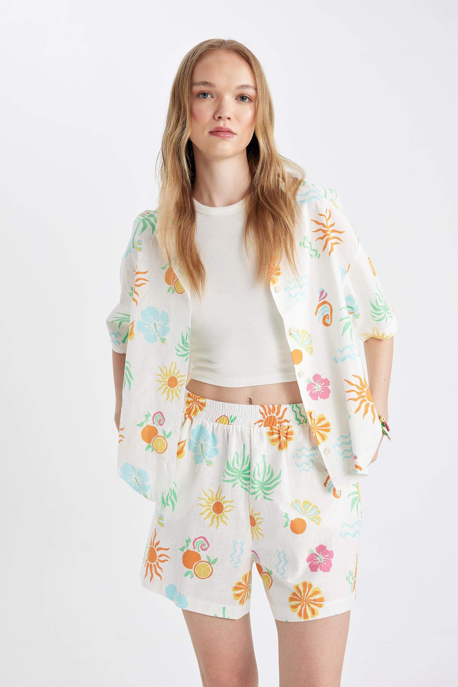 Oversize Fit Patterned Pajama Collar Short Sleeve Shirt