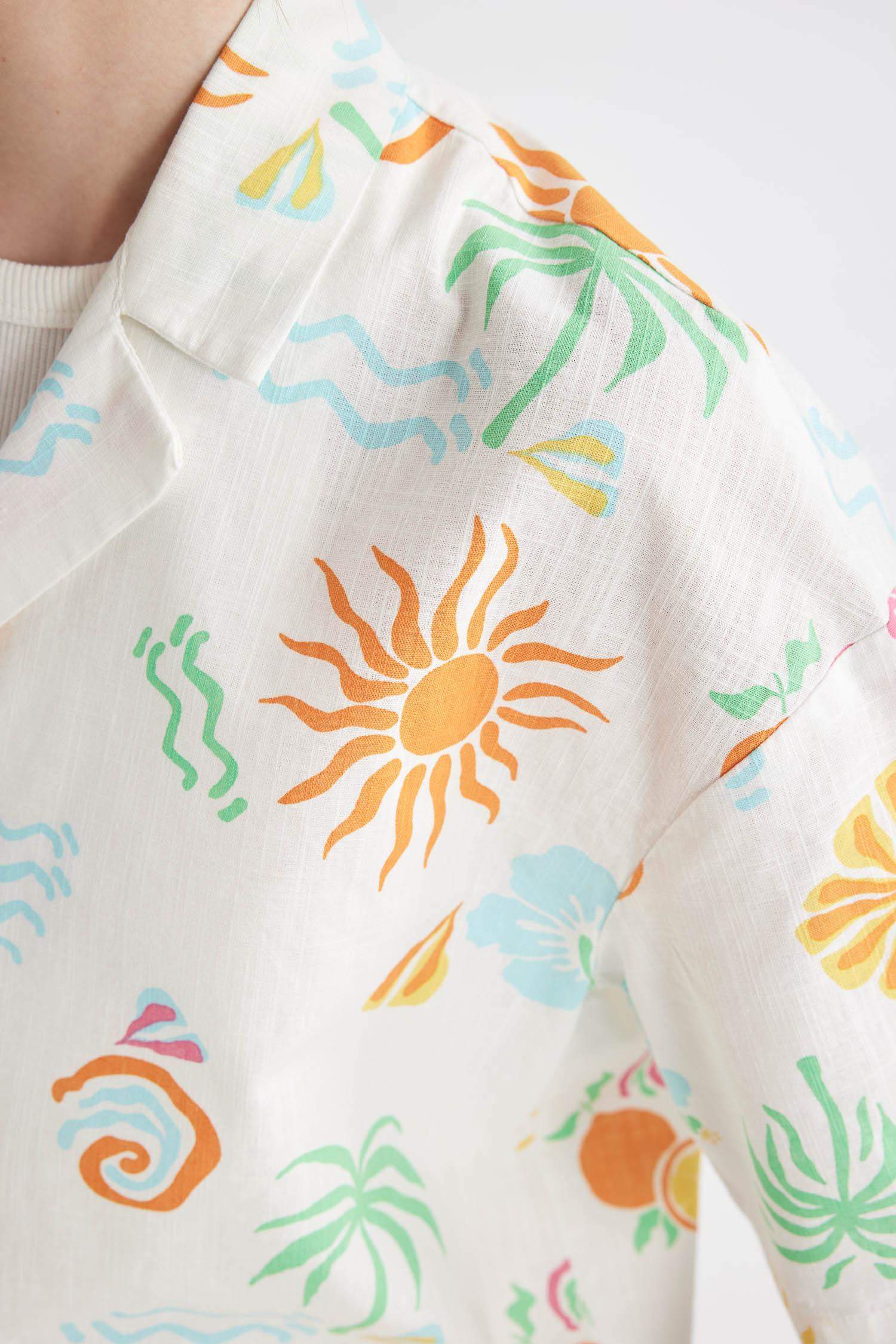 Oversize Fit Patterned Pajama Collar Short Sleeve Shirt