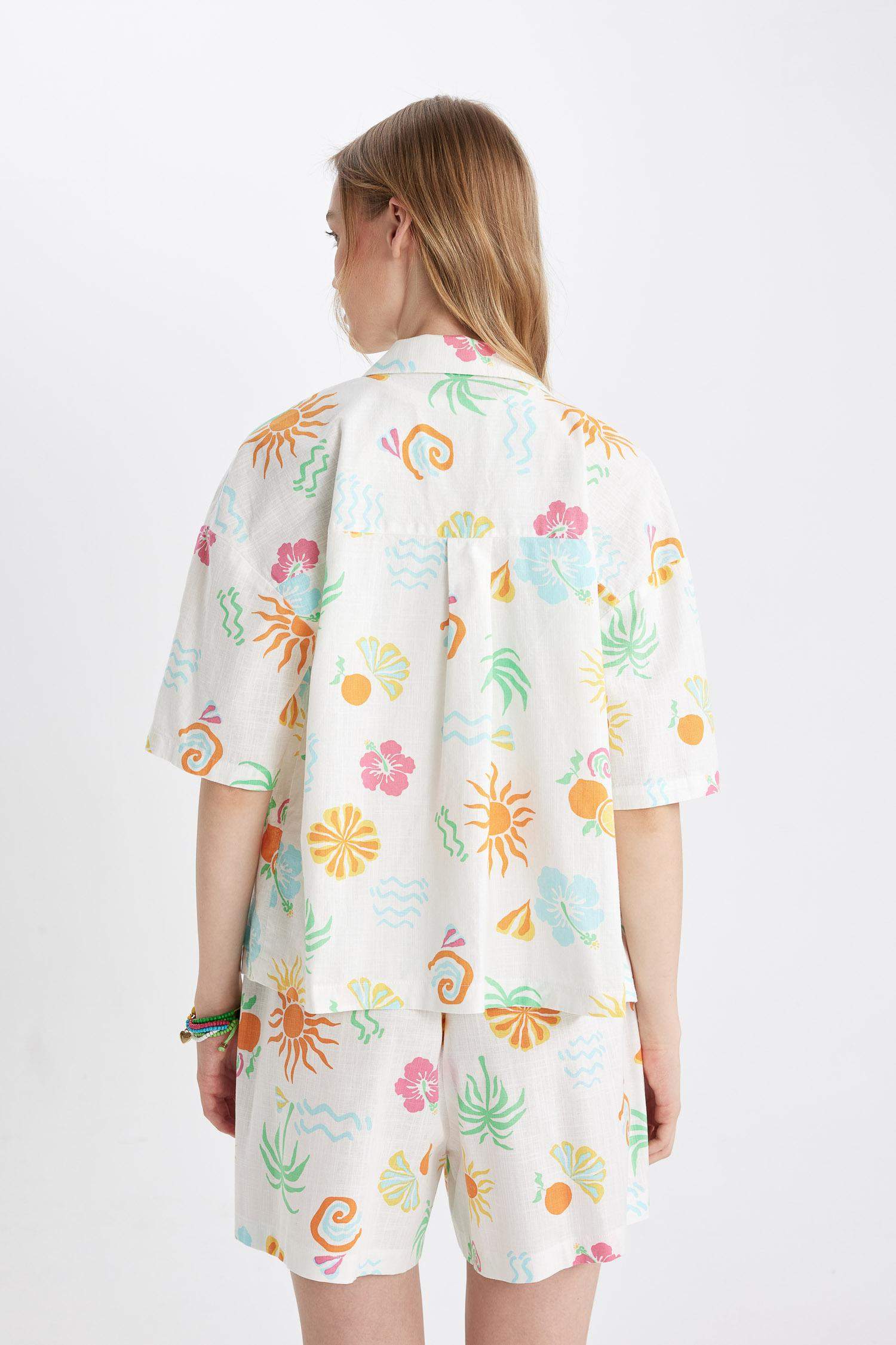 Oversize Fit Patterned Pajama Collar Short Sleeve Shirt