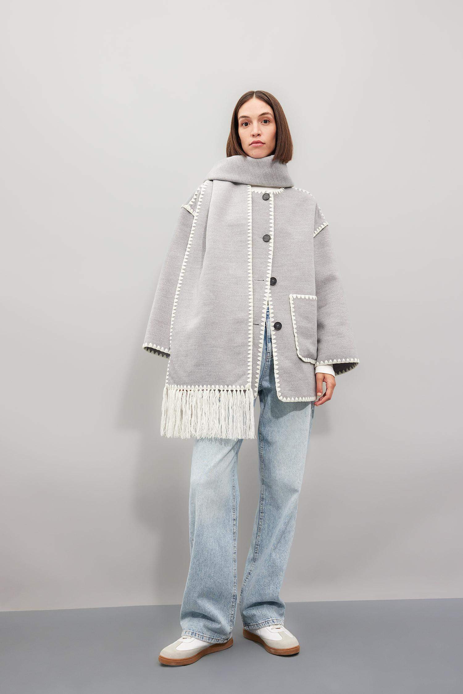 Relax Fit Cepli Düğmeli Çoban Dikişli Kaşe Mont