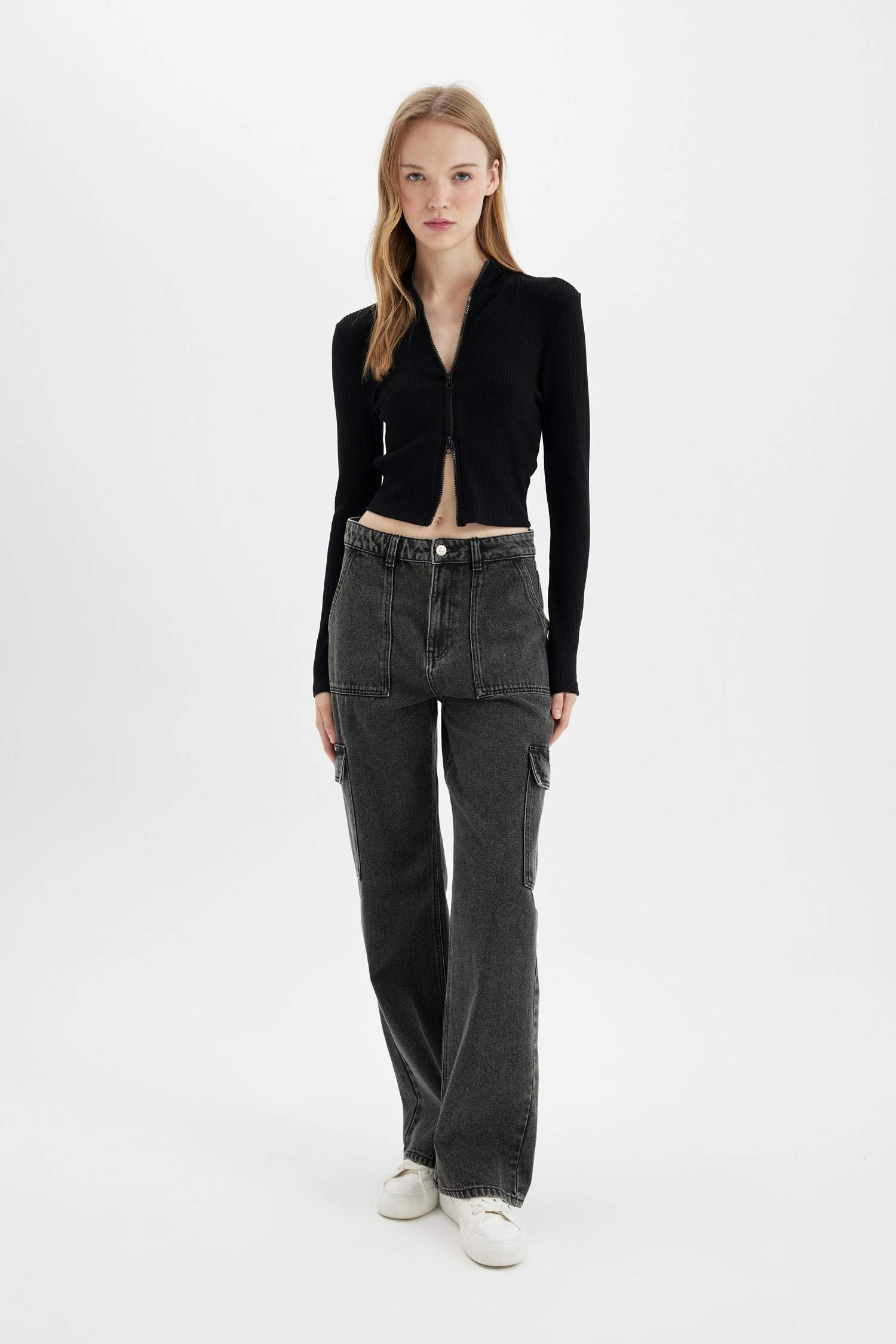 Fitted Dik Yaka Basic Düz Fermuarlı Fitilli Kaşkorse Crop Siyah Hırka