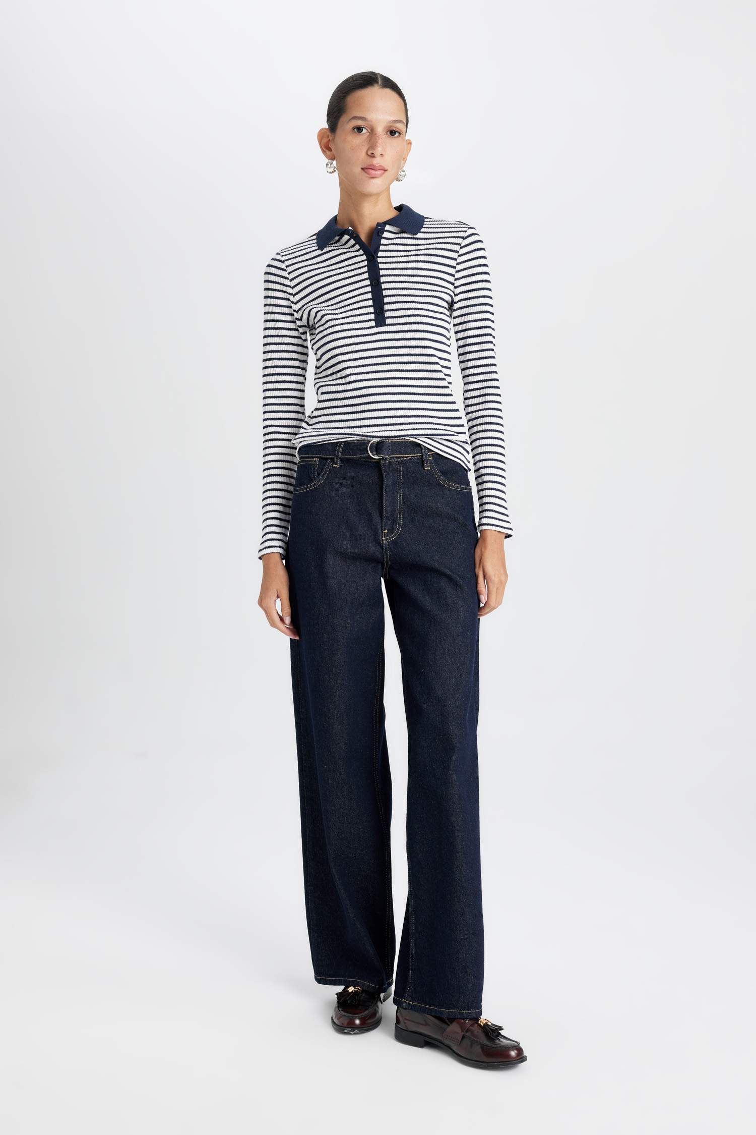 Slim Fit Dar Kesim Polo Yaka Düğmeli Çizgili Fitilli Kaşkorse Uzun Kollu Tişört