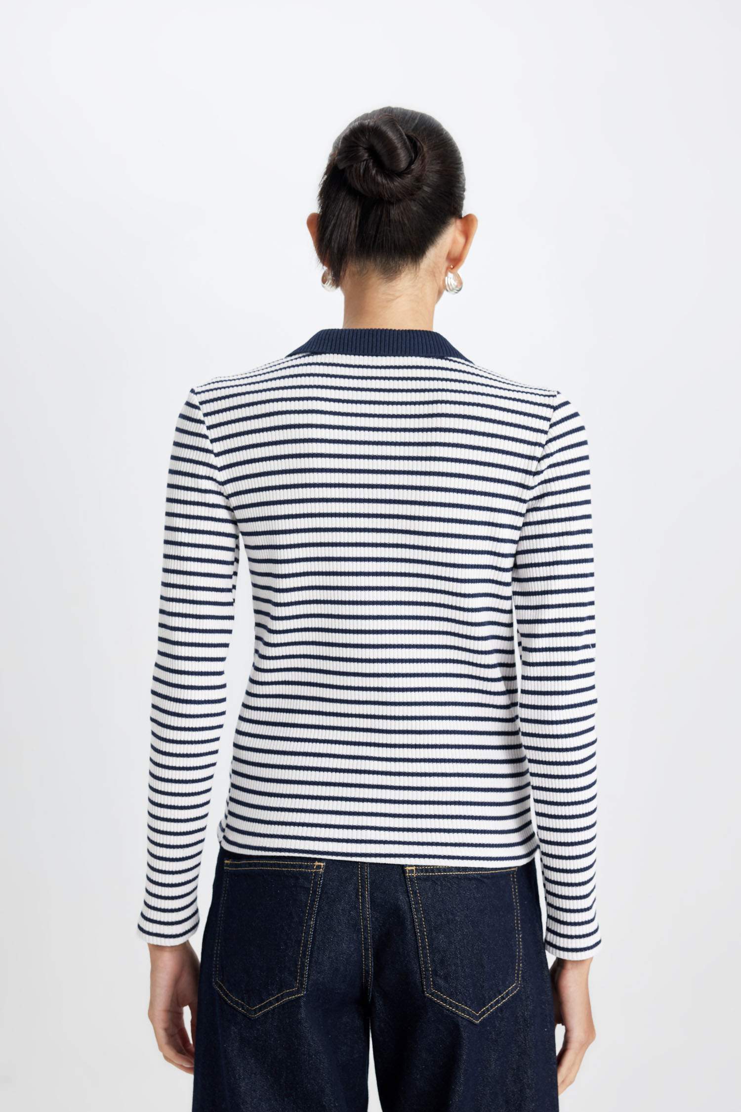 Slim Fit Dar Kesim Polo Yaka Düğmeli Çizgili Fitilli Kaşkorse Uzun Kollu Tişört