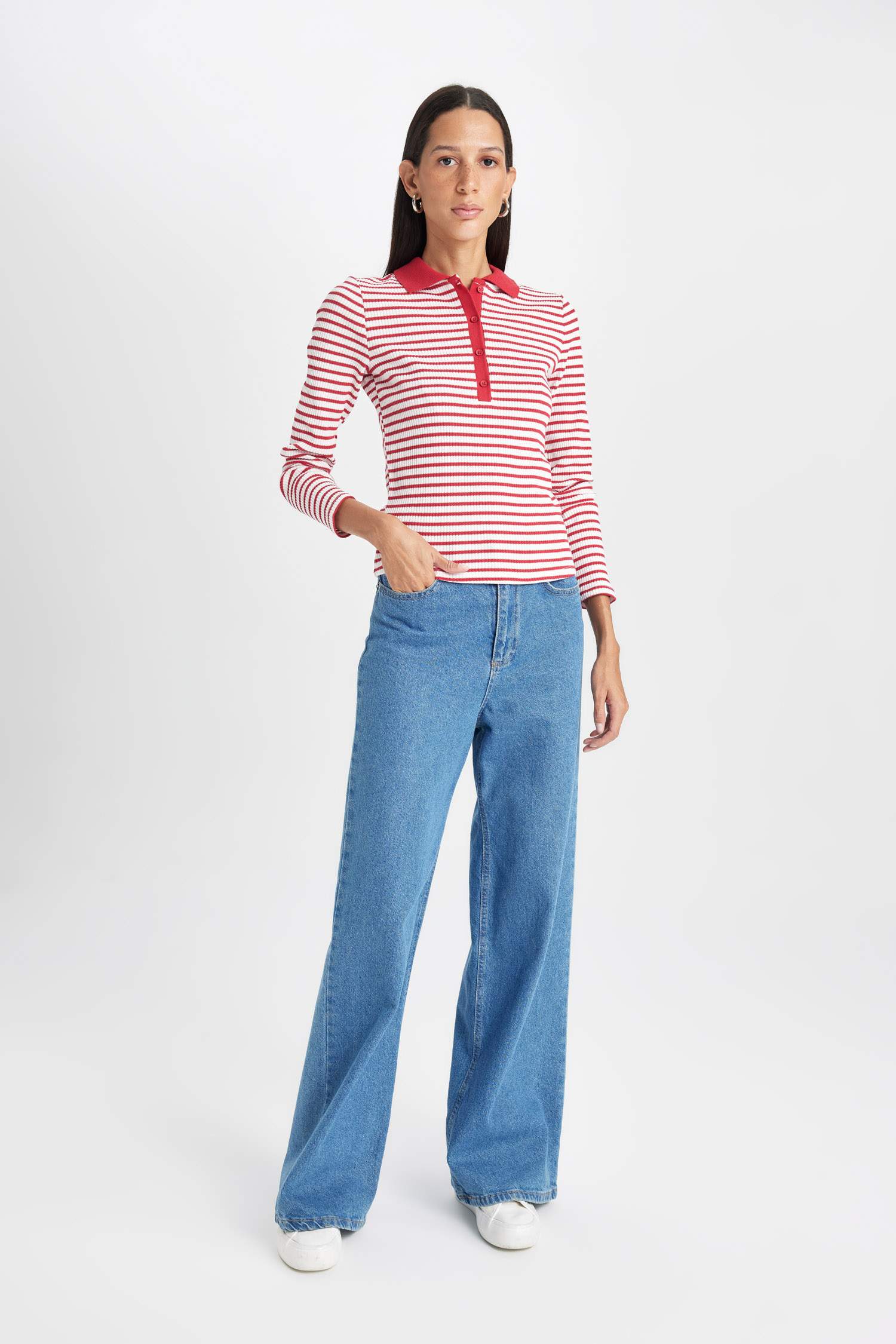 Slim Fit Dar Kesim Polo Yaka Düğmeli Çizgili Fitilli Kaşkorse Uzun Kollu Tişört