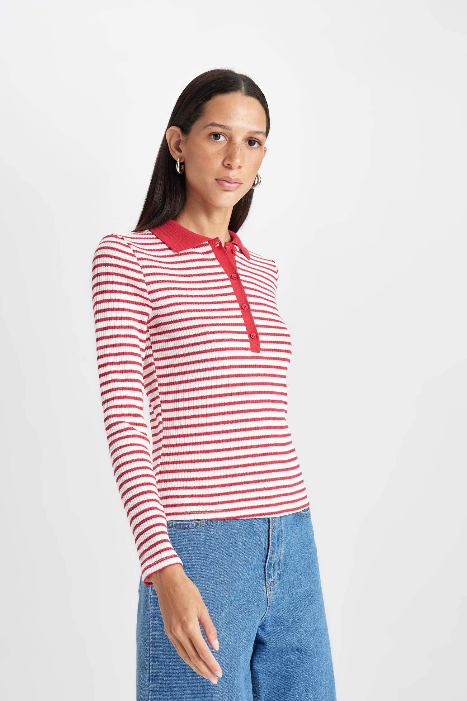 Slim Fit Dar Kesim Polo Yaka Düğmeli Çizgili Fitilli Kaşkorse Uzun Kollu Tişört