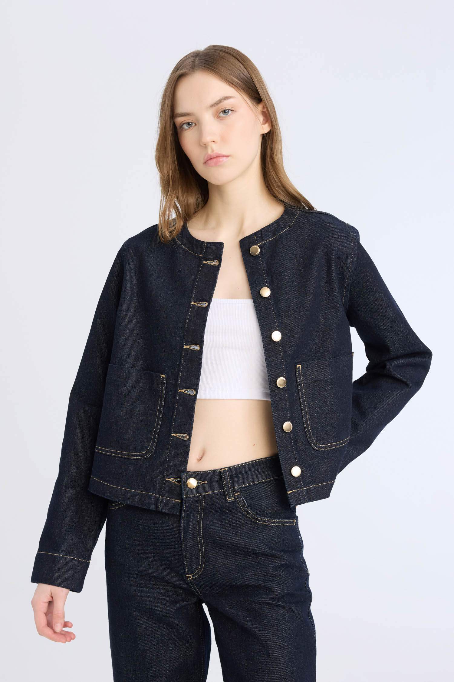 Crop Düğmeli Cepli Denim Ceket