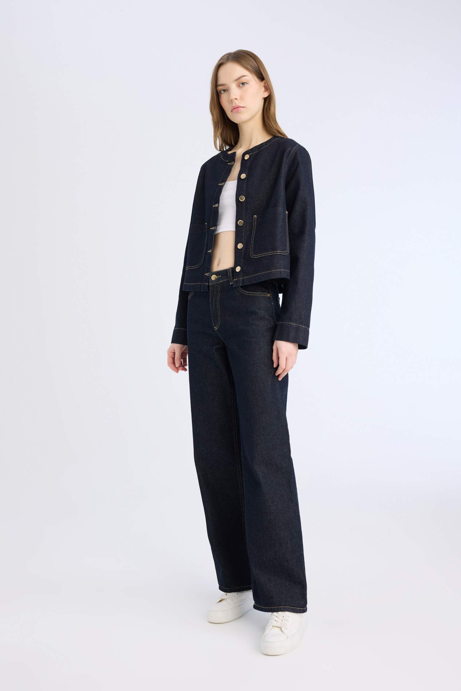 Crop Düğmeli Cepli Denim Ceket