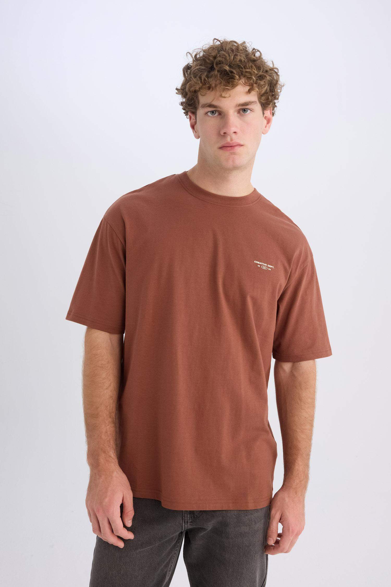 %100 Pamuk Boxy Fit Bisiklet Yaka Sırt Baskılı Kısa Kollu Tişört