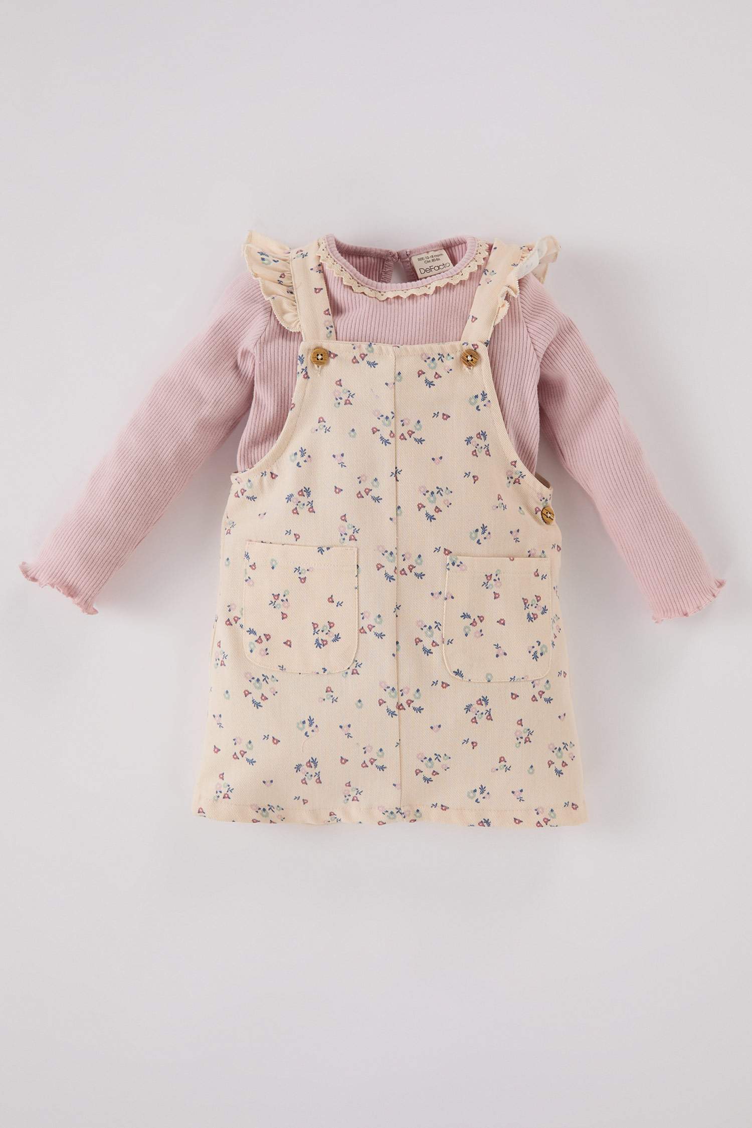 Kız Bebek 2'li Takım Uzun Kollu Tişört Çiçekli Gabardin Salopet Elbise