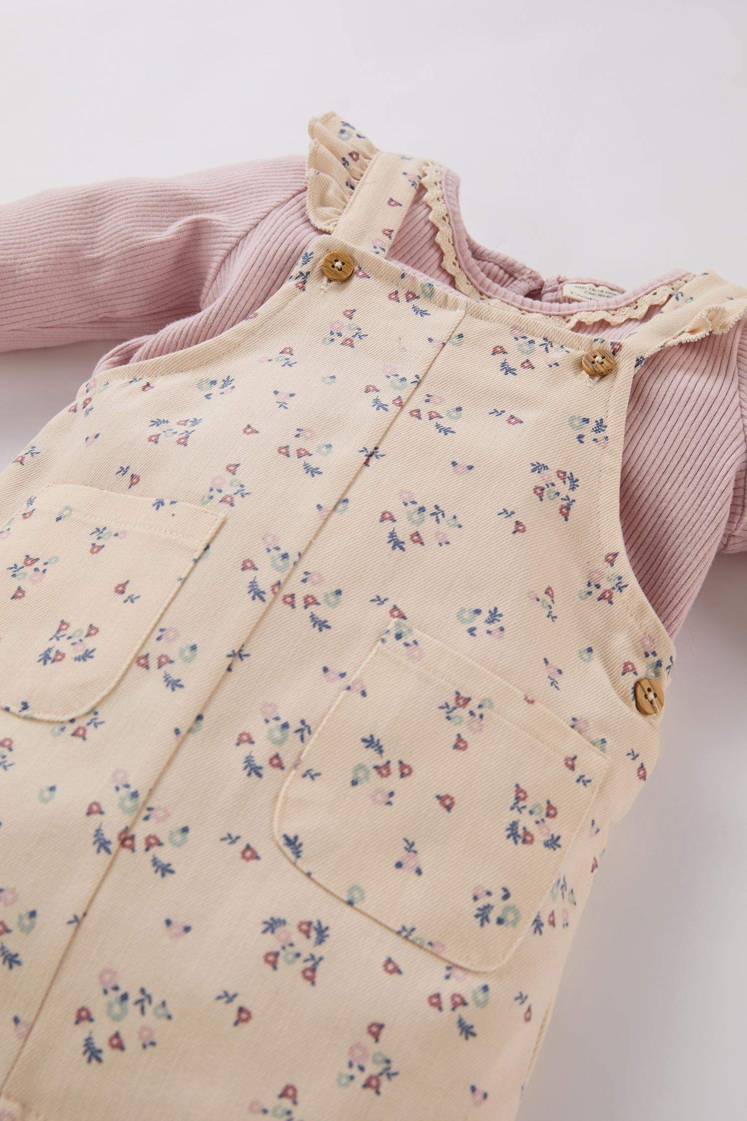 Kız Bebek 2'li Takım Uzun Kollu Tişört Çiçekli Gabardin Salopet Elbise