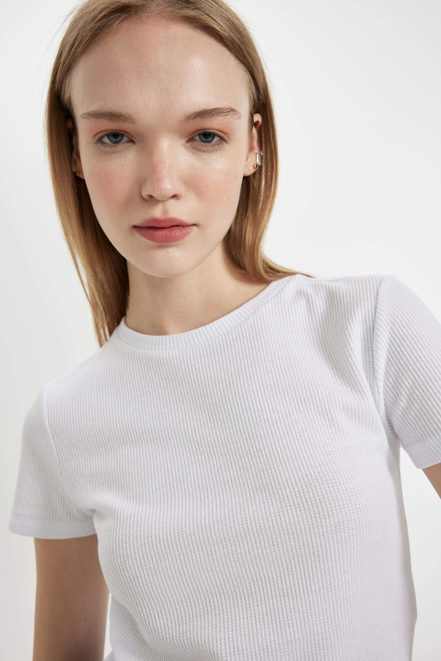 Fitted Waffle Basic Short Sleeve T-Shirt