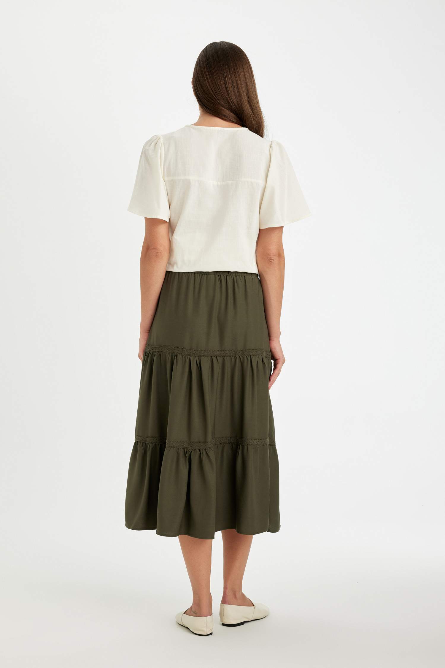 Regular Fit Beli Lastikli Belmando Kiloş Midi Etek