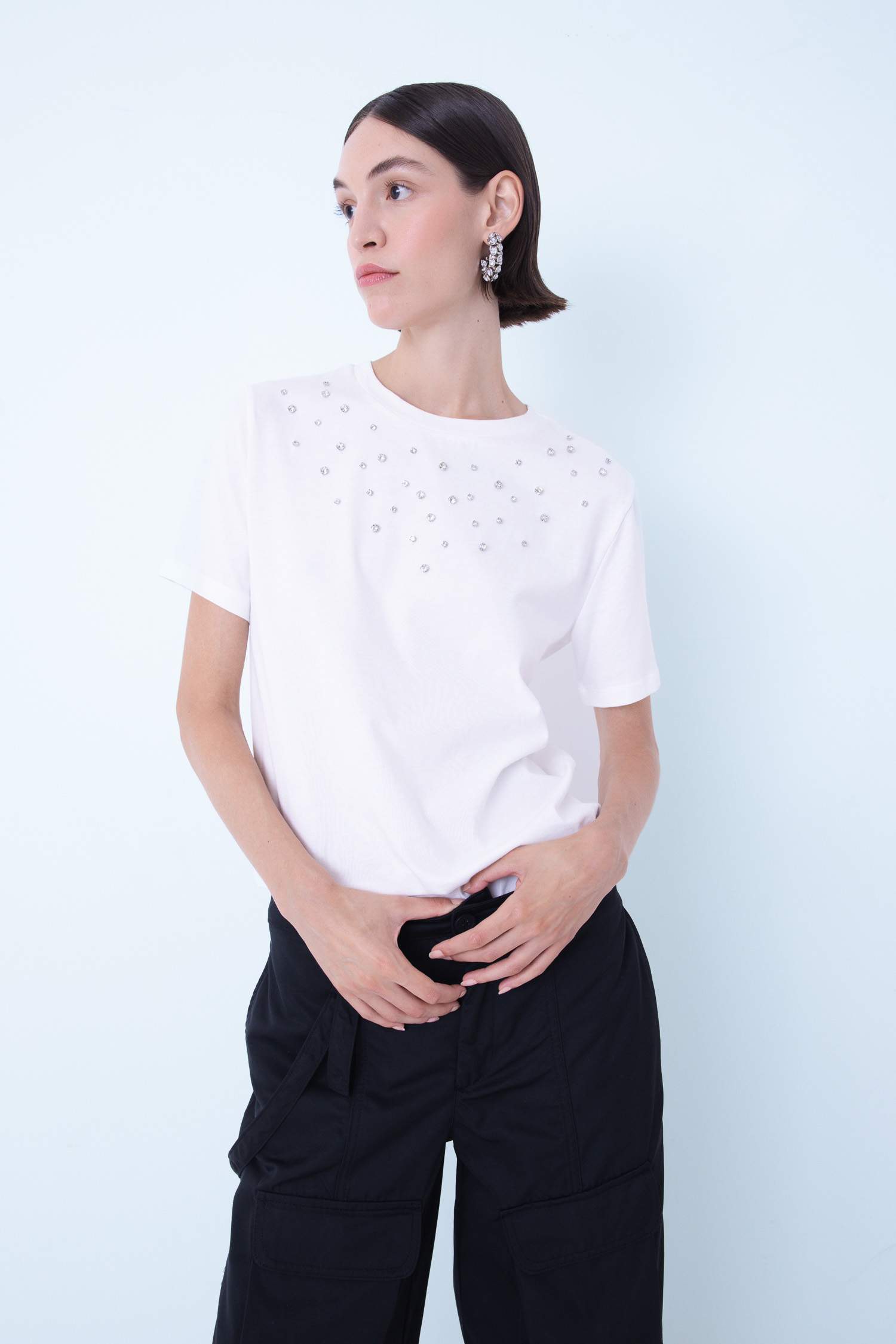 Regular Fit Bisiklet Yaka Taş Detaylı Casual Kısa Kollu Tişört