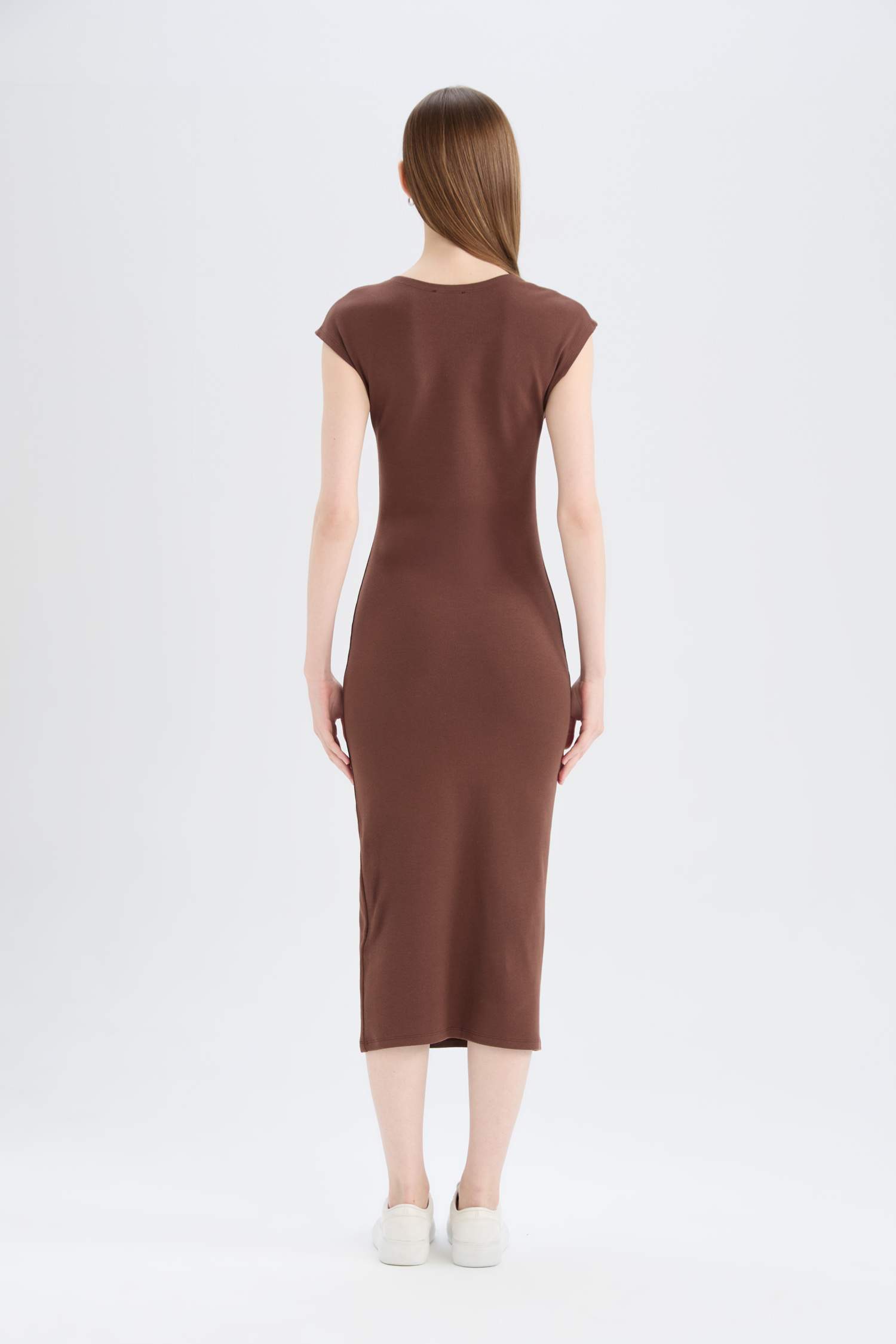 Bodycon Vücudu Saran Bisiklet Yaka Ribana Kısa Kollu Midi Elbise