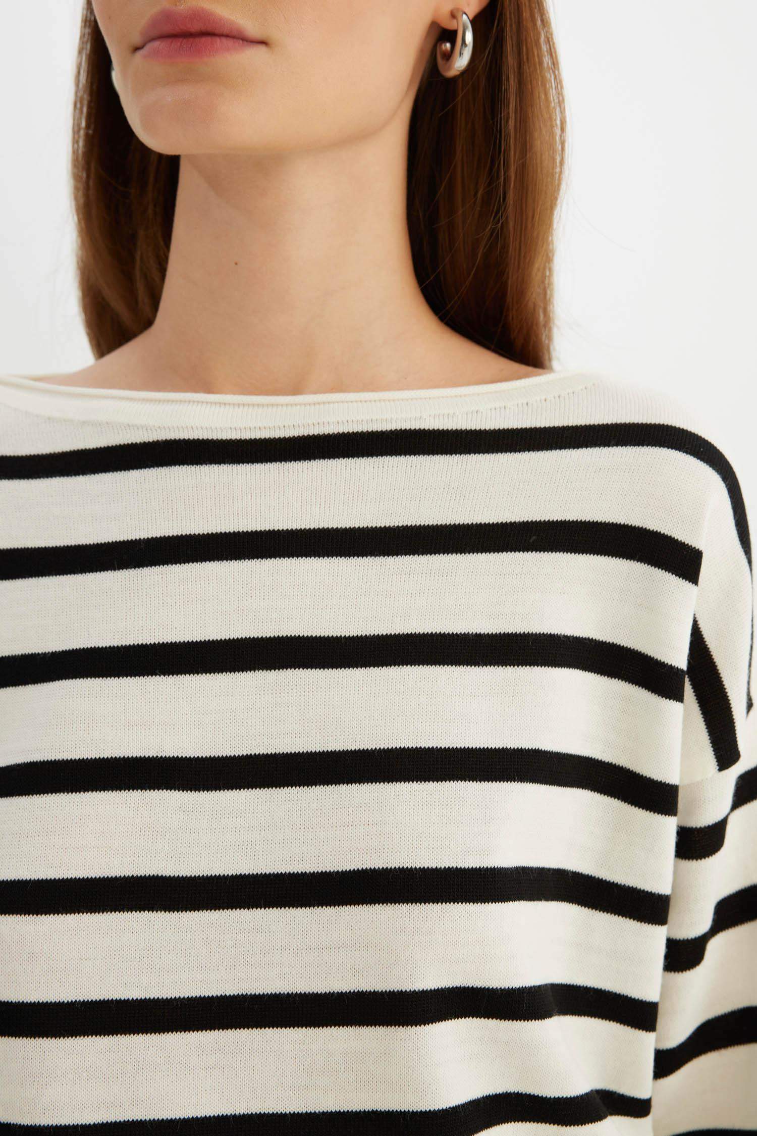 Relax Fit Kayık Yaka Çizgili Triko Kazak
