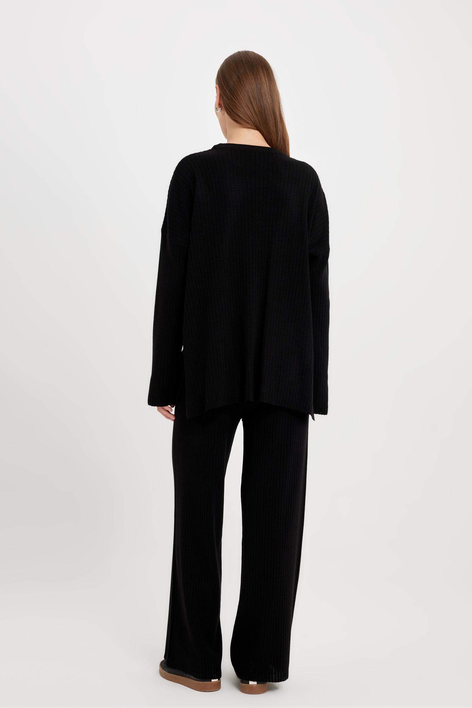 Relax Fit 2'li Takım Triko Bisiklet Yaka Kazak Geniş Paça Pantolon