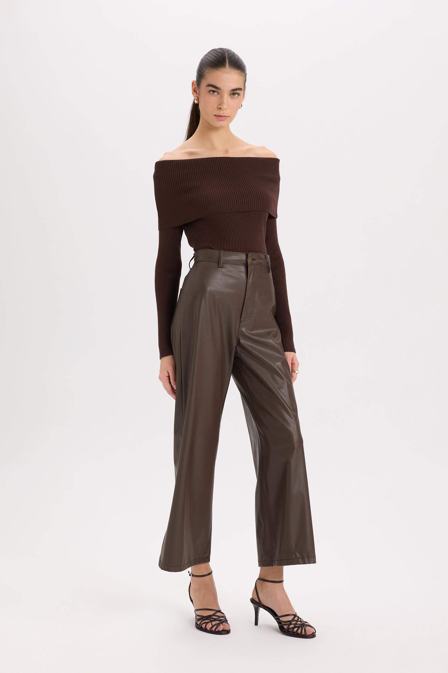 Culotte Yüksek Suni Deri Kışlık Pantolon  Bel Crop Fit Crop