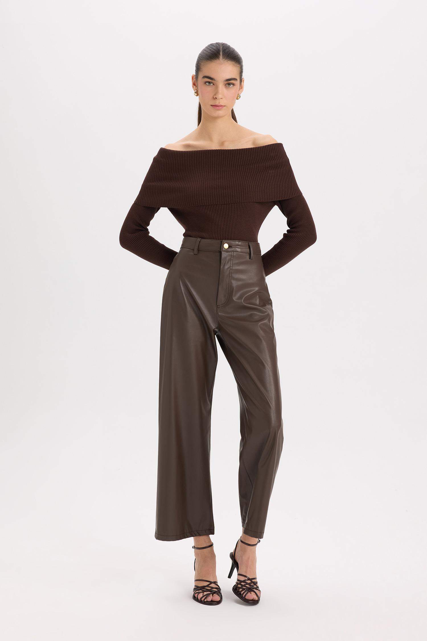 Culotte Yüksek Suni Deri Kışlık Pantolon  Bel Crop Fit Crop