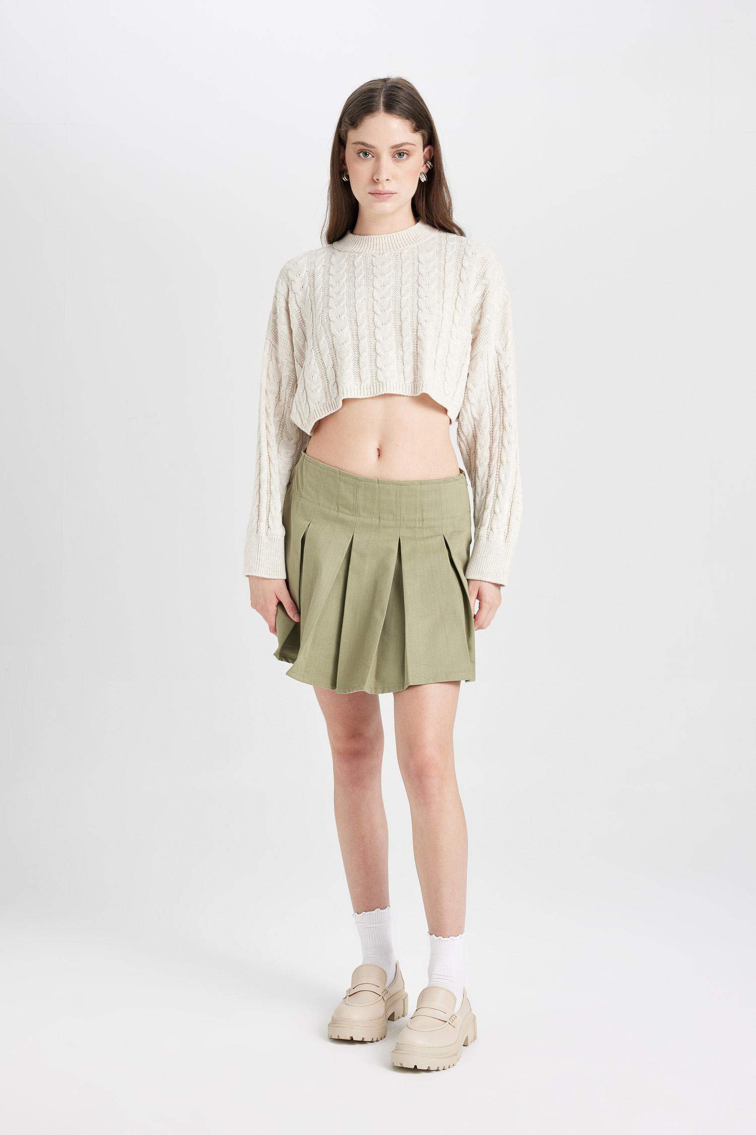 Piliseli Normal Bel Basic Düz Gabardin Mini Etek