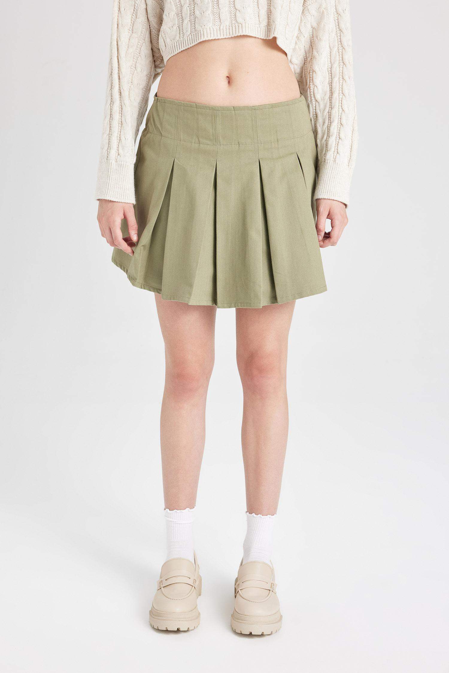 Piliseli Normal Bel Basic Düz Gabardin Mini Etek