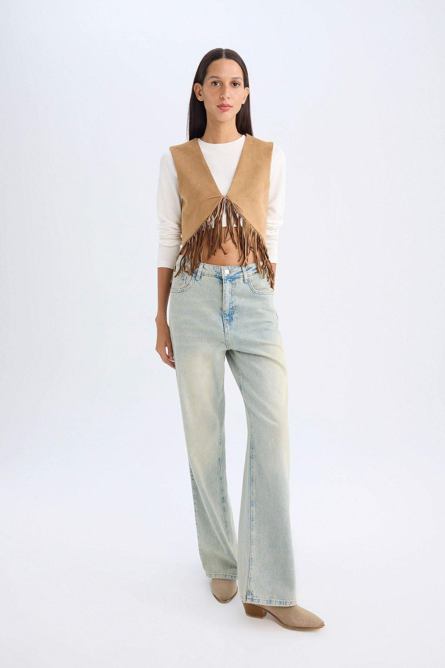 Bağlamalı Kovboy Model Püsküllü Süet Yelek