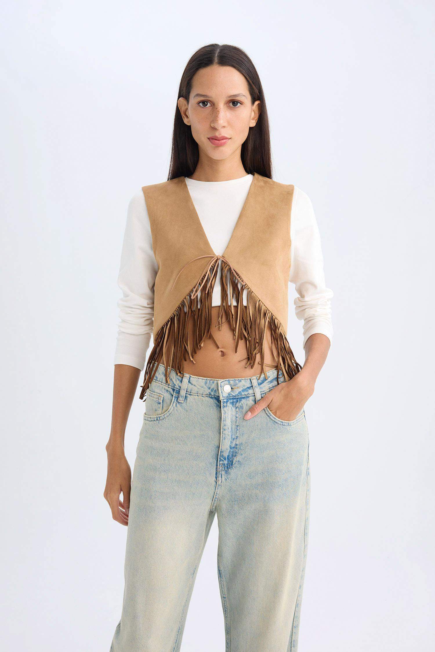 Bağlamalı Kovboy Model Püsküllü Süet Yelek