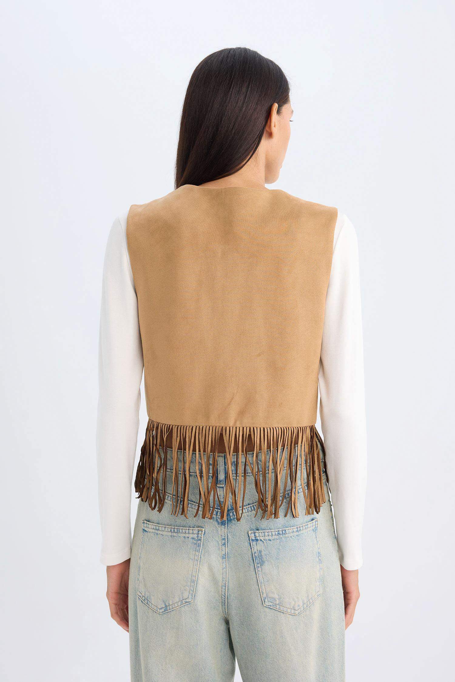 Bağlamalı Kovboy Model Püsküllü Süet Yelek