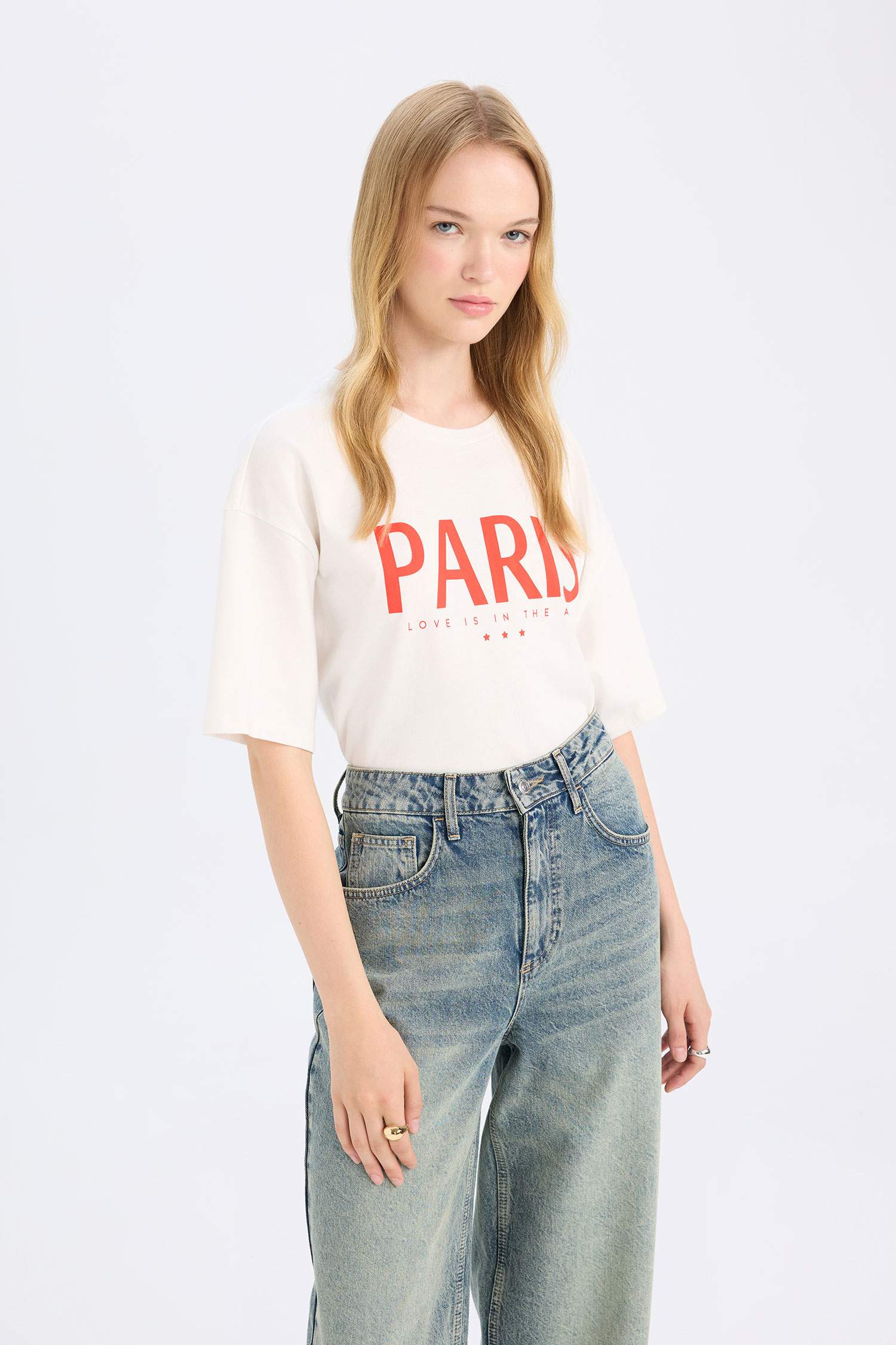 Oversize Geniş Kalıp Bisiklet Yaka Baskılı Kısa Kollu Tişört