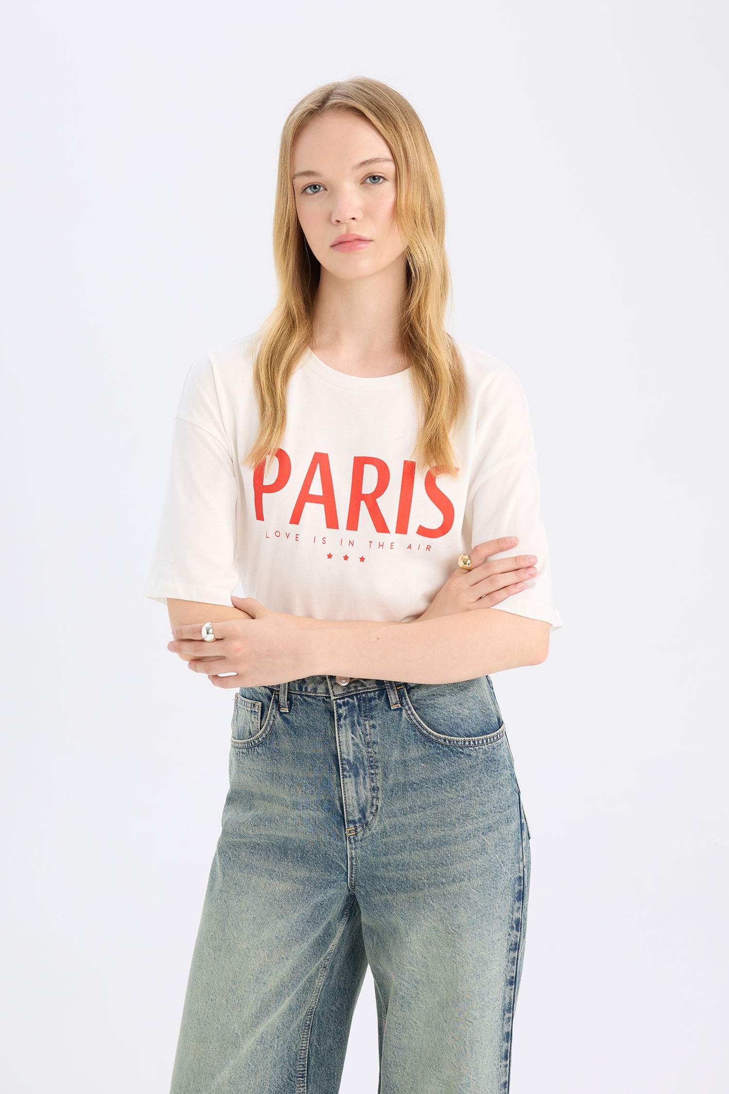 Oversize Geniş Kalıp Bisiklet Yaka Baskılı Kısa Kollu Tişört