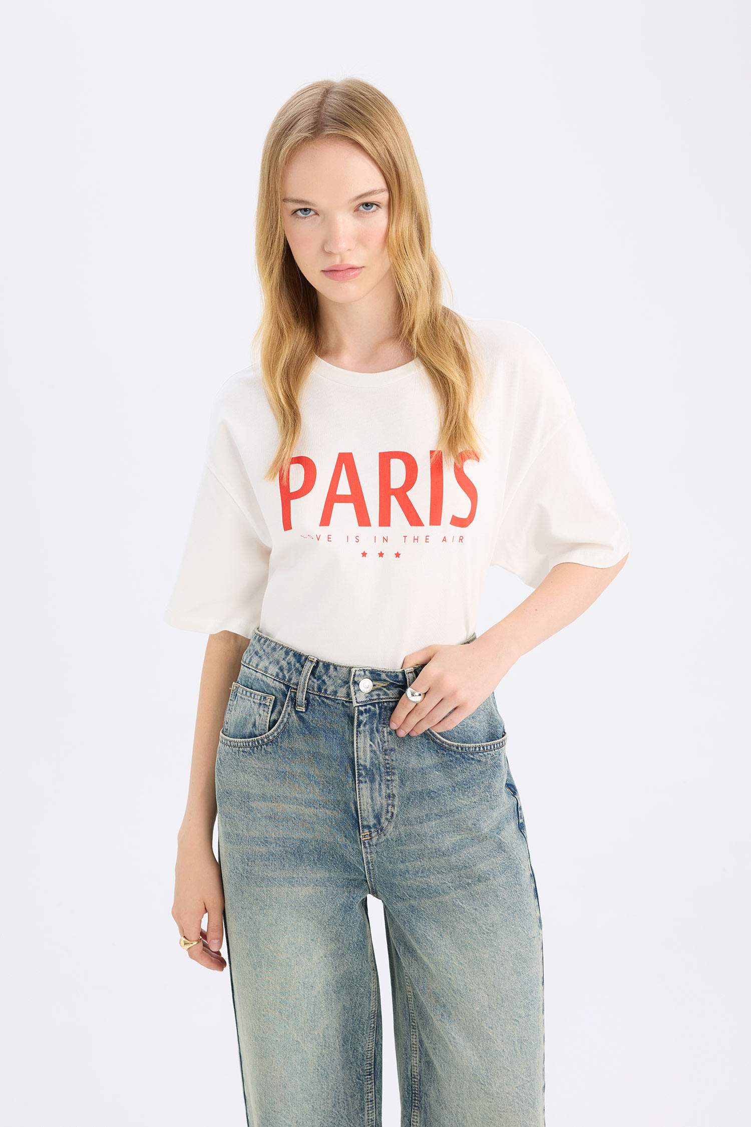 Oversize Geniş Kalıp Bisiklet Yaka Baskılı Kısa Kollu Tişört