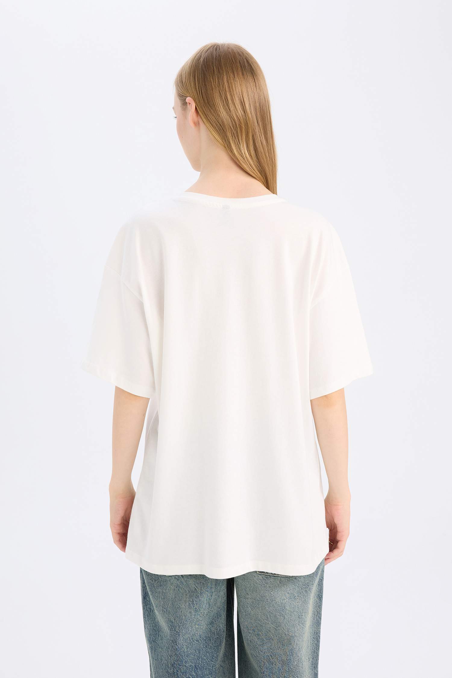 Oversize Geniş Kalıp Bisiklet Yaka Baskılı Kısa Kollu Tişört