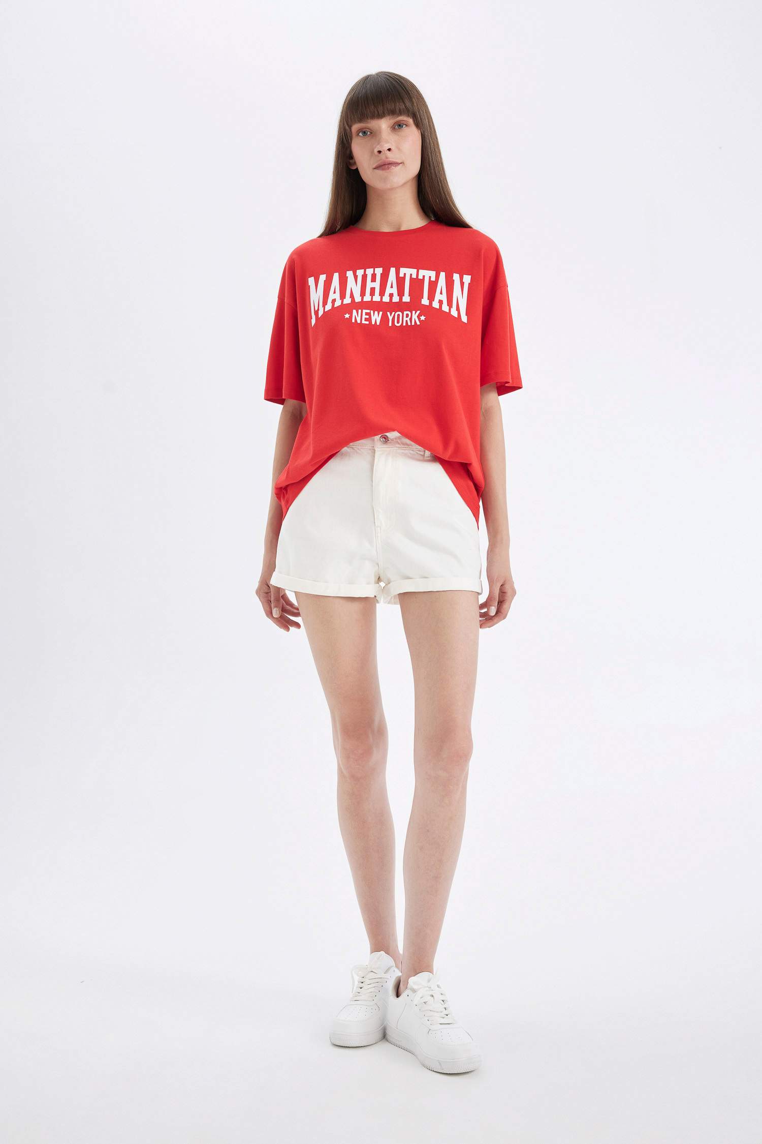 تيشيرت نص كم اوفر سايز برقبة مستديرة