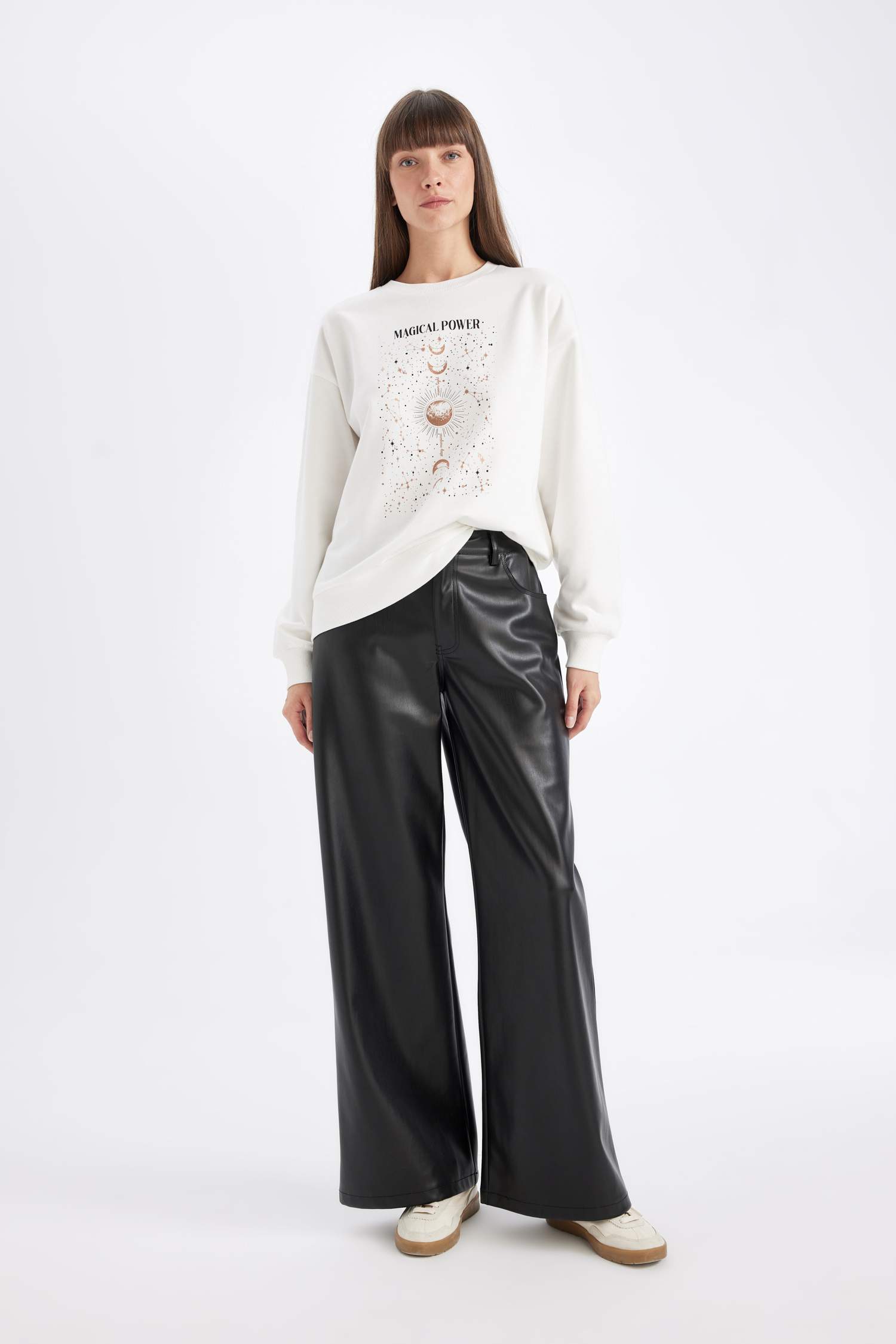 Relax Fit Bisiklet Yaka Baskılı İnce Sweatshirt