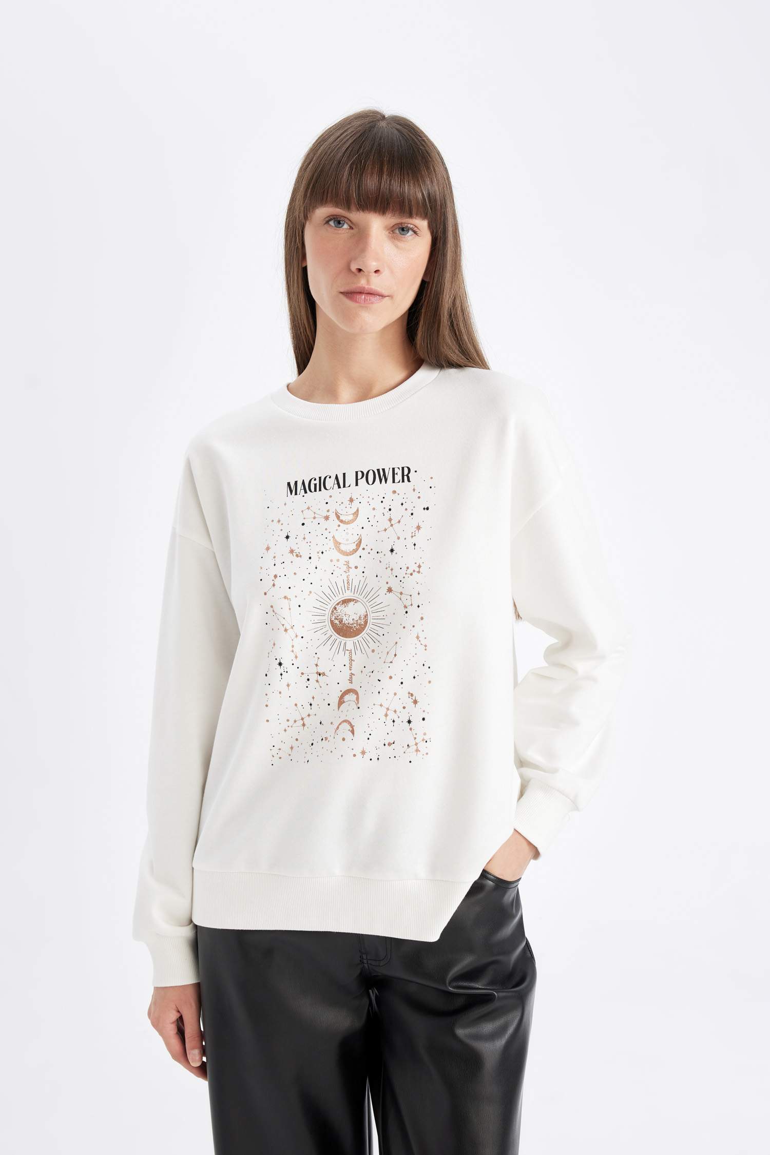 Relax Fit Bisiklet Yaka Baskılı İnce Sweatshirt