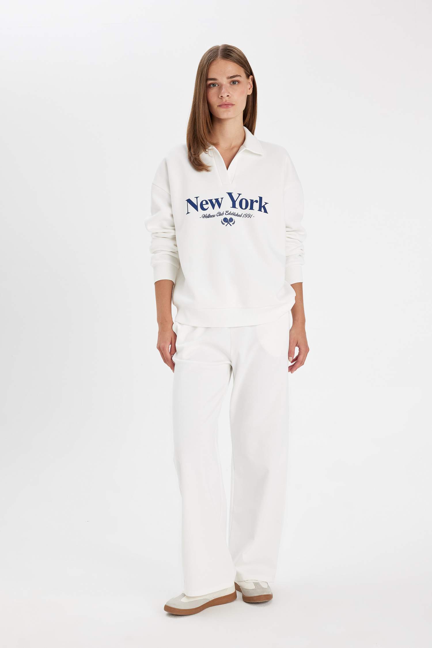 Relax Fit Polo Yaka Baskılı Kalın Sweatshirt